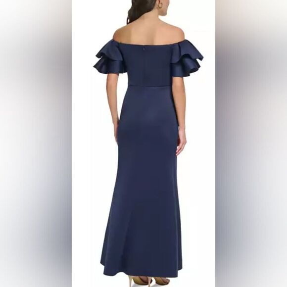 ELIZA J Women's Ruffled Sleeve Off-The-Shoulder Mermaid Gown NWT sz 2 Navy Blue - Picture 2 of 5